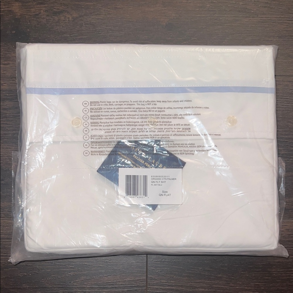 Ralph Lauren Palmer Percale Organic Cotton, White/Sky Blue, Queen - Flat Sheet